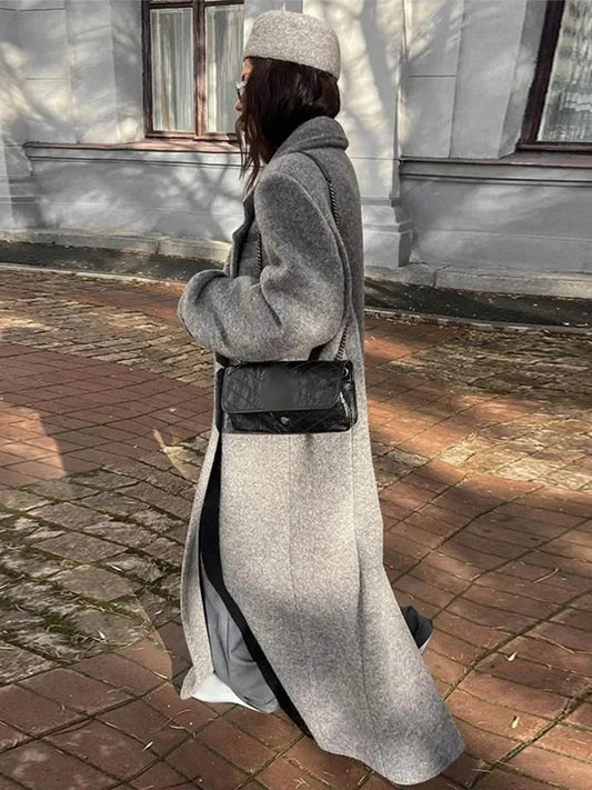 Mojoyce-Fashion Grey Oversized Woolen Overcoat Chic Lapel Long Sleeve Double Breasted Long Coats 2024 Autumn Female Warm Street Coat
