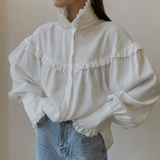 Mojoyce Ruffle Loose Shirts For Women 2024 Spring White Turtleneck Long Sleeve Women's Shirt Street Casual Oversized Shirt Femme