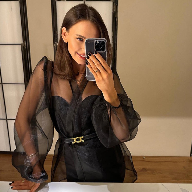 Mojoyce Sheer Mesh Cover Up Beach Women Loose Long Sleeve V Neck Lace Shirts Ladies 2024 Summer Sexy See Through Bandage Cover-up