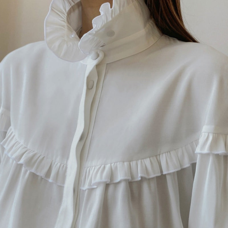 Mojoyce Ruffle Loose Shirts For Women 2024 Spring White Turtleneck Long Sleeve Women's Shirt Street Casual Oversized Shirt Femme