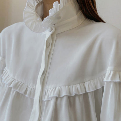 Mojoyce Ruffle Loose Shirts For Women 2024 Spring White Turtleneck Long Sleeve Women's Shirt Street Casual Oversized Shirt Femme