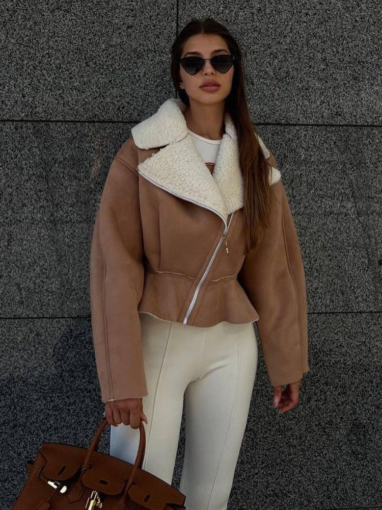 Mojoyce Turn-down Slim Coats For Women 2023 Autumn Winter Fashion Long Sleeve Jackets Woman Street Casual Short Cardigan Femme