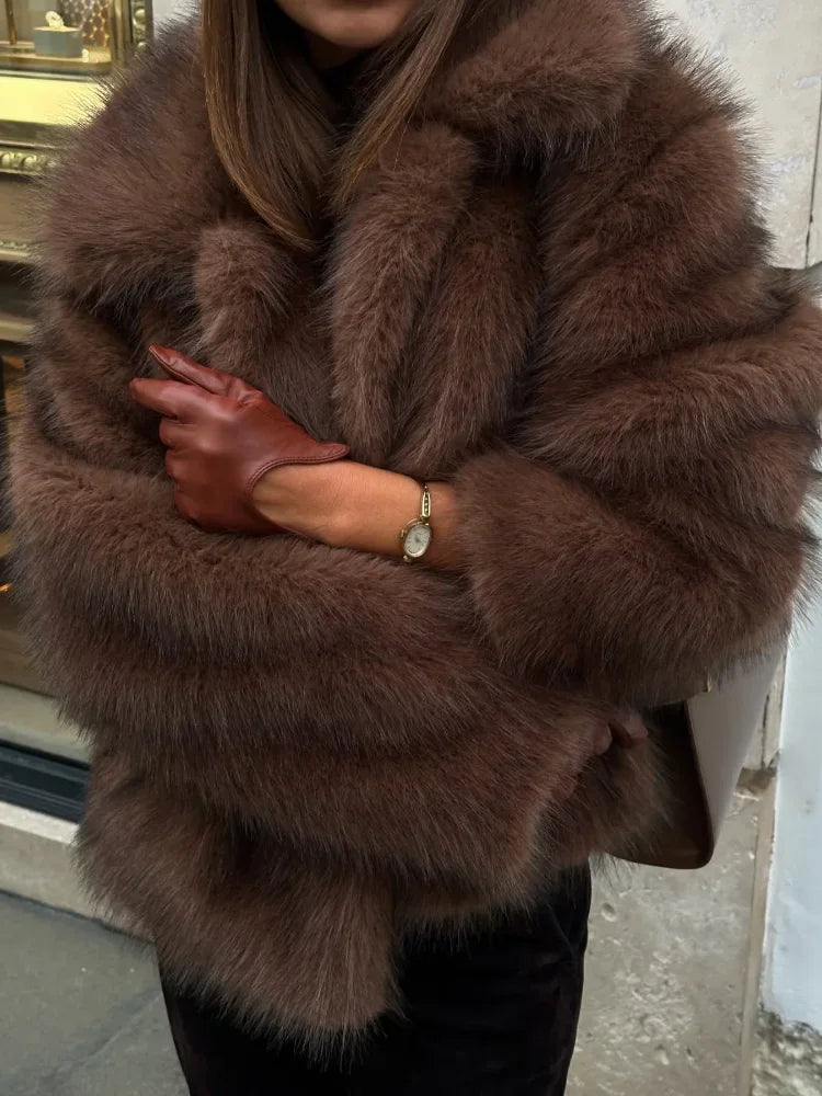 Mojoyce-2024 Winter Lapel Warm Faux Fur Coat Luxury Fluffy Plush Long Sleeve Thick Short Jackets New Fashion Lady High Street Outerwear
