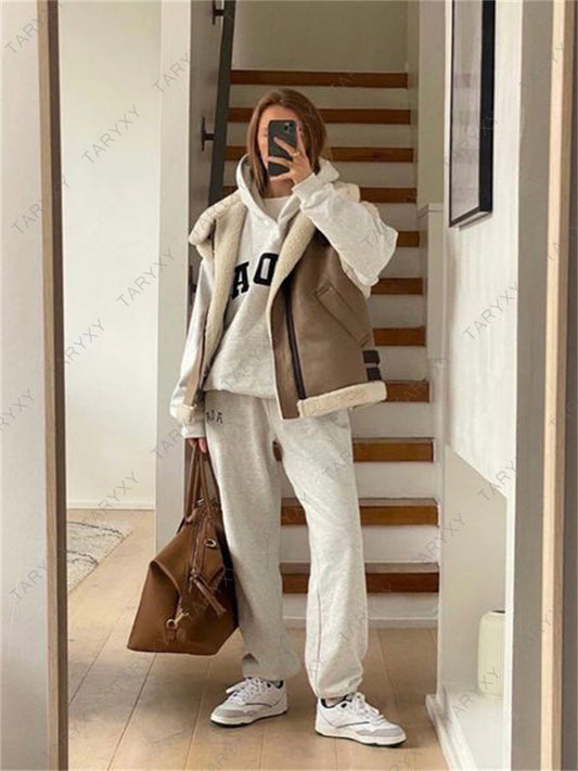 Mojoyce Suede Leather Thick Fleece Jacket Autumn Winter Women Splice Sleeveless Faux Shearling Jackets Vest Y2K Cardigans Coats
