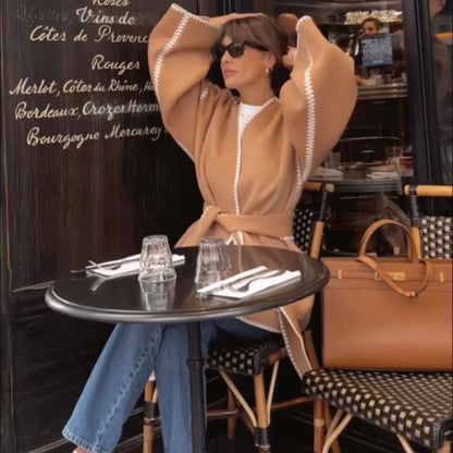Mojoyce Lace Up Cardigan Coat Woman Long Sleeve V Neck Femme Jackets 2024 Autumn Fashion Slim Elegant Women's Tweed Jacket New