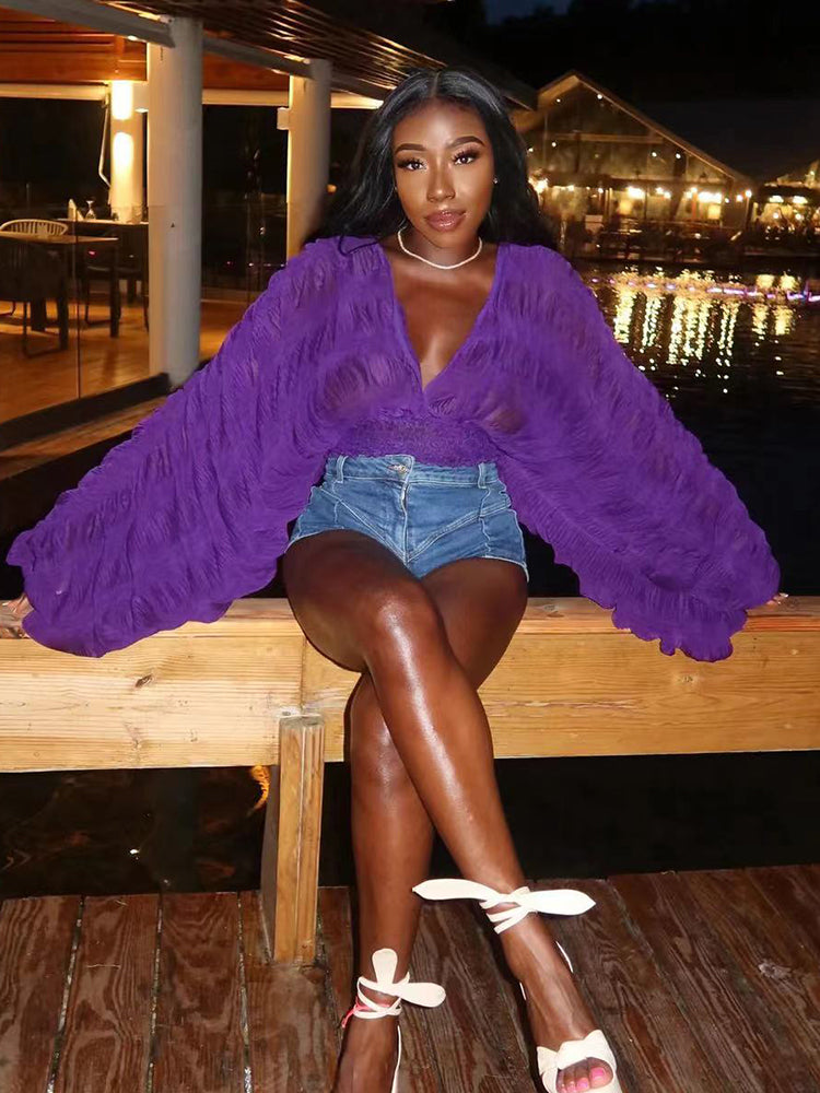 Mojoyce Summer Blouses Shirts Women V-Neck Puff Sleeve Slim Blusas 2023 See Through Sexy Beachwear Tops Blouse White Elegant