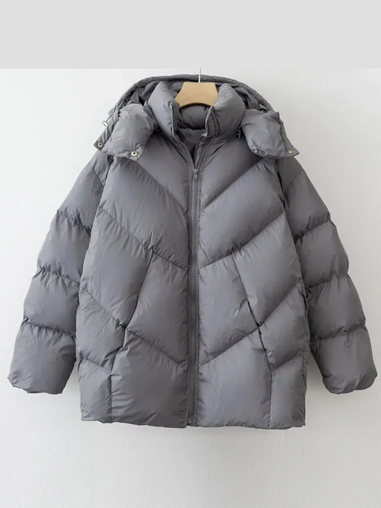 Mojoyce-Women Warm Simple Solid Hooded Full Sleeve Cotton Coat Elegant Zipper Stand Collar Down Jackets 2024 New Winter High Streetwear
