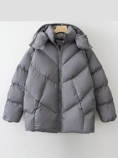 Mojoyce-Women Warm Simple Solid Hooded Full Sleeve Cotton Coat Elegant Zipper Stand Collar Down Jackets 2024 New Winter High Streetwear