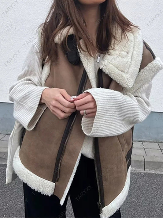 Mojoyce Suede Leather Thick Fleece Jacket Autumn Winter Women Splice Sleeveless Faux Shearling Jackets Vest Y2K Cardigans Coats