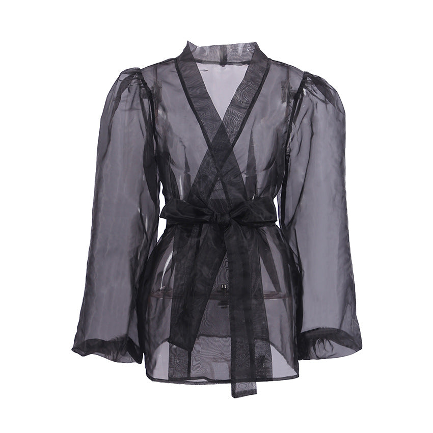 Mojoyce Sheer Mesh Cover Up Beach Women Loose Long Sleeve V Neck Lace Shirts Ladies 2024 Summer Sexy See Through Bandage Cover-up