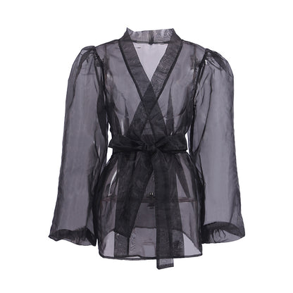 Mojoyce Sheer Mesh Cover Up Beach Women Loose Long Sleeve V Neck Lace Shirts Ladies 2024 Summer Sexy See Through Bandage Cover-up