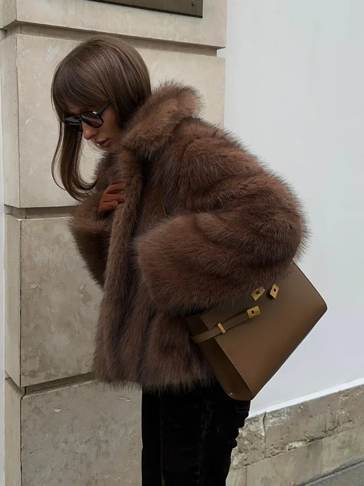 Mojoyce-2024 Winter Lapel Warm Faux Fur Coat Luxury Fluffy Plush Long Sleeve Thick Short Jackets New Fashion Lady High Street Outerwear