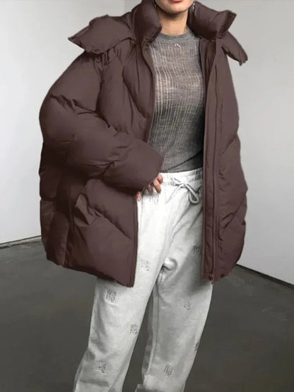 Mojoyce-Women Warm Simple Solid Hooded Full Sleeve Cotton Coat Elegant Zipper Stand Collar Down Jackets 2024 New Winter High Streetwear