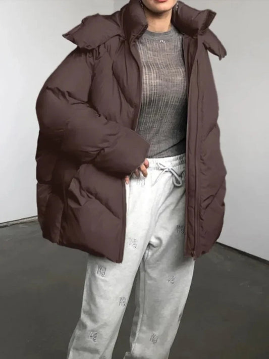 Mojoyce-Women Warm Simple Solid Hooded Full Sleeve Cotton Coat Elegant Zipper Stand Collar Down Jackets 2024 New Winter High Streetwear