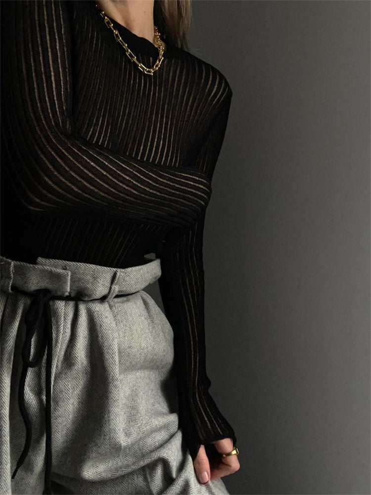Mojoyce Ribbed Knit Long Sleeve Top Shirts For Women White See-through Knit Rib Top Tees Outfits Casual Spring Skinny Streetwear