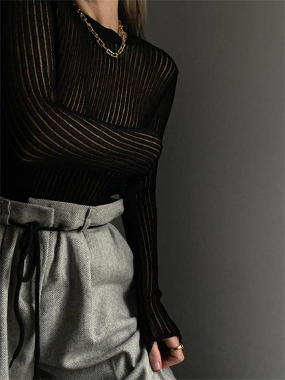 Mojoyce Ribbed Knit Long Sleeve Top Shirts For Women White See-through Knit Rib Top Tees Outfits Casual Spring Skinny Streetwear