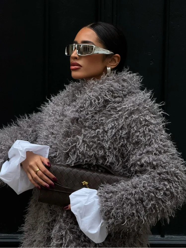 Mojoyce-Women Fashion Grey Fluffy Curly Faux Fur Overcoats Elegant Lapel Full Sleeves Long Coat Autumn 2024 Chic Lady Street Warm Jacket