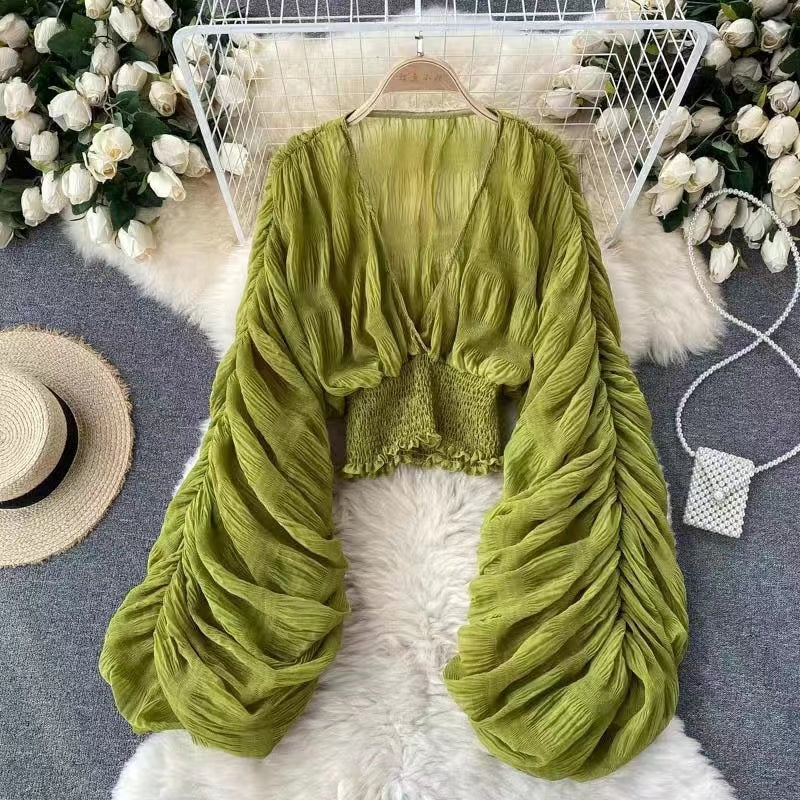 Mojoyce Summer Blouses Shirts Women V-Neck Puff Sleeve Slim Blusas 2023 See Through Sexy Beachwear Tops Blouse White Elegant