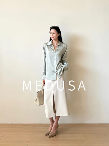 MEDUSA?BL1236  25SS Summer New Product Premium Heavyweight Pearl Glossy Satin Texture Loose Shirt