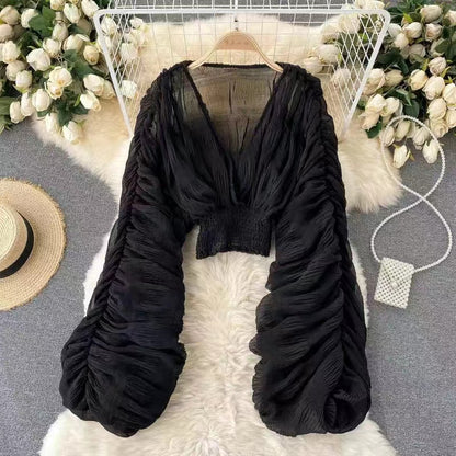 Mojoyce Summer Blouses Shirts Women V-Neck Puff Sleeve Slim Blusas 2023 See Through Sexy Beachwear Tops Blouse White Elegant