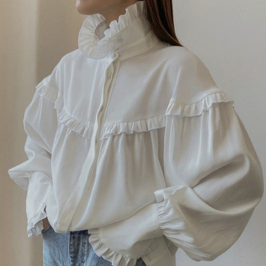 Mojoyce Ruffle Loose Shirts For Women 2024 Spring White Turtleneck Long Sleeve Women's Shirt Street Casual Oversized Shirt Femme
