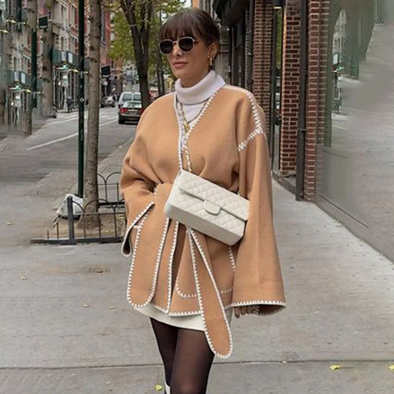 Mojoyce Lace Up Cardigan Coat Woman Long Sleeve V Neck Femme Jackets 2024 Autumn Fashion Slim Elegant Women's Tweed Jacket New