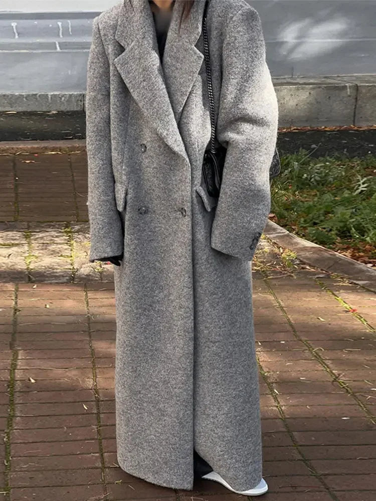 Mojoyce-Fashion Grey Oversized Woolen Overcoat Chic Lapel Long Sleeve Double Breasted Long Coats 2024 Autumn Female Warm Street Coat