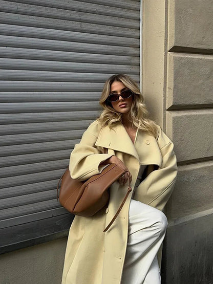 Mojoyce-Elegant Solid Lapel Woolen Full Sleeve Coats Fashion Long Double-breasted Coat 2024 New Autumn Winter Chic Lady High Street Wear