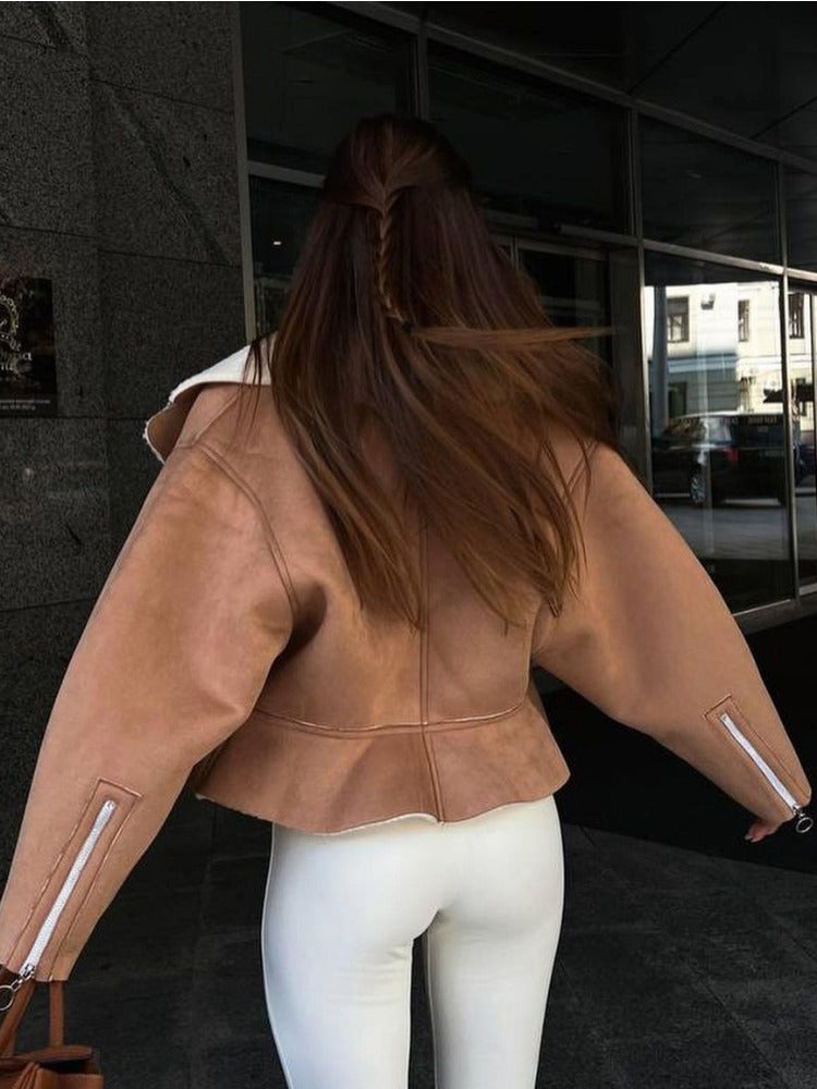 Mojoyce Turn-down Slim Coats For Women 2023 Autumn Winter Fashion Long Sleeve Jackets Woman Street Casual Short Cardigan Femme