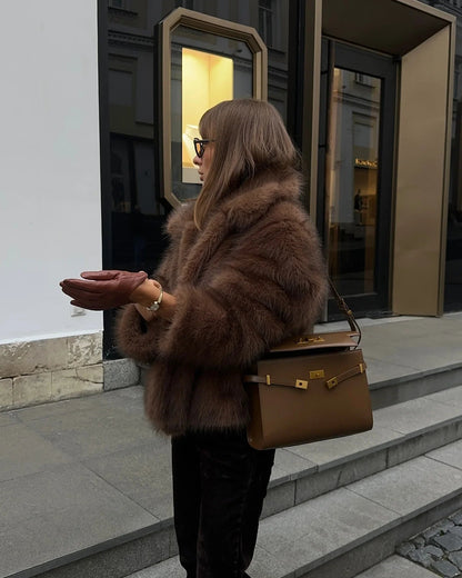 Mojoyce-2024 Winter Lapel Warm Faux Fur Coat Luxury Fluffy Plush Long Sleeve Thick Short Jackets New Fashion Lady High Street Outerwear