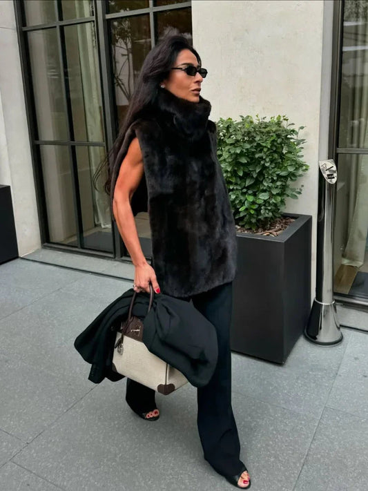 Mojoyce-2025 Women Warm Thicken Vest Fashion Turtleneck Furry Fur Sleeveless Waistcoats Lady Luxuries New Winter Street Party Outerwears