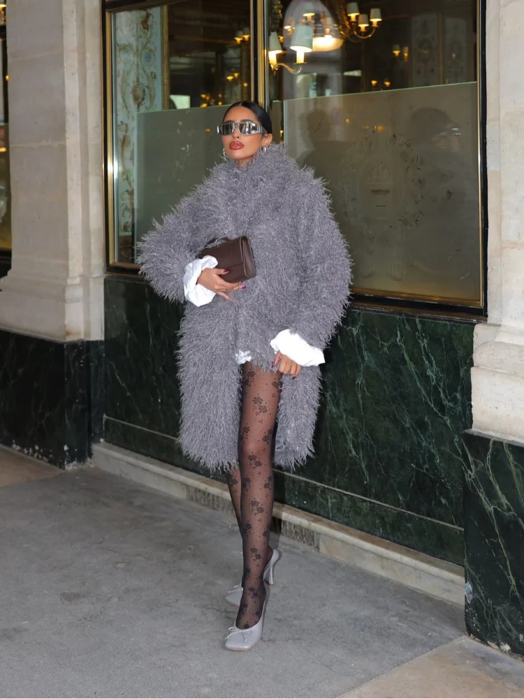 Mojoyce-Women Fashion Grey Fluffy Curly Faux Fur Overcoats Elegant Lapel Full Sleeves Long Coat Autumn 2024 Chic Lady Street Warm Jacket