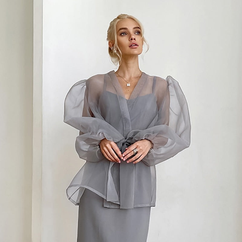 Mojoyce Sheer Mesh Cover Up Beach Women Loose Long Sleeve V Neck Lace Shirts Ladies 2024 Summer Sexy See Through Bandage Cover-up
