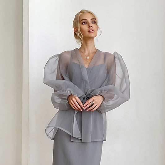 Mojoyce Sheer Mesh Cover Up Beach Women Loose Long Sleeve V Neck Lace Shirts Ladies 2024 Summer Sexy See Through Bandage Cover-up