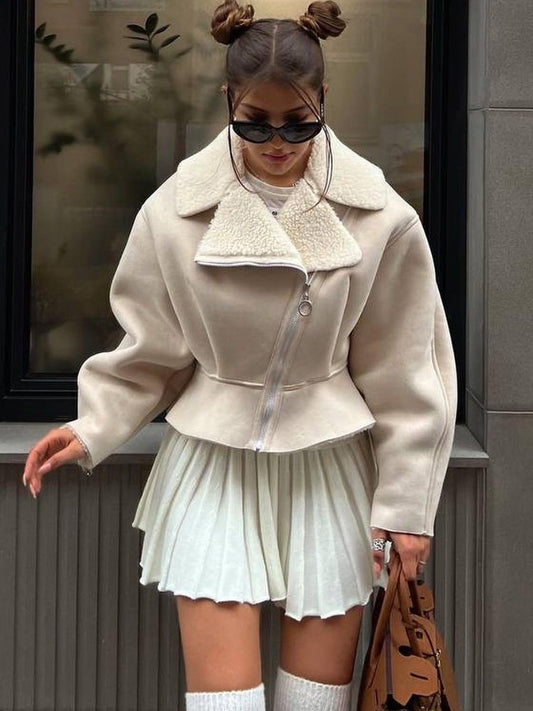 Mojoyce Turn-down Slim Coats For Women 2023 Autumn Winter Fashion Long Sleeve Jackets Woman Street Casual Short Cardigan Femme