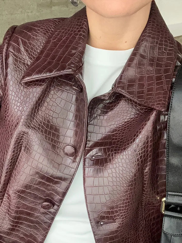 Mojoyce-Burgundy Crocodrile-effect Turndown Collar Pu Cropped Jacket 2024 Autumn Women Long Sleeved Single Breasted Short Slim Fit Coats