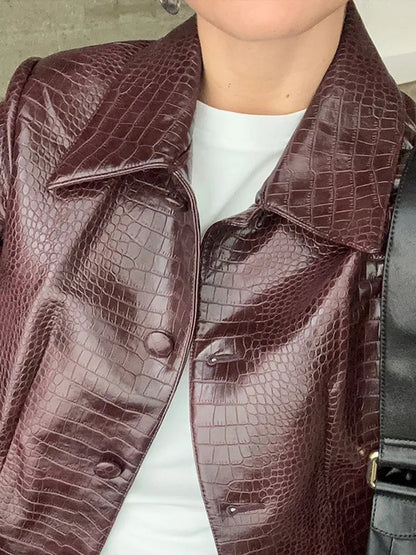 Mojoyce-Burgundy Crocodrile-effect Turndown Collar Pu Cropped Jacket 2024 Autumn Women Long Sleeved Single Breasted Short Slim Fit Coats