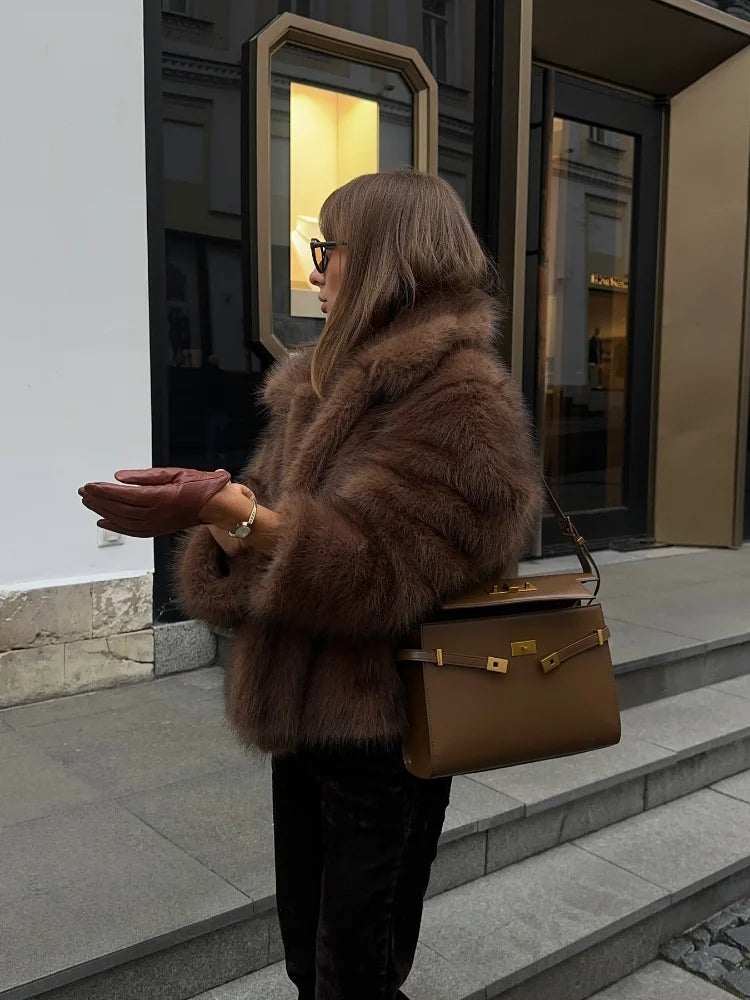 Mojoyce-2024 Winter Lapel Warm Faux Fur Coat Luxury Fluffy Plush Long Sleeve Thick Short Jackets New Fashion Lady High Street Outerwear