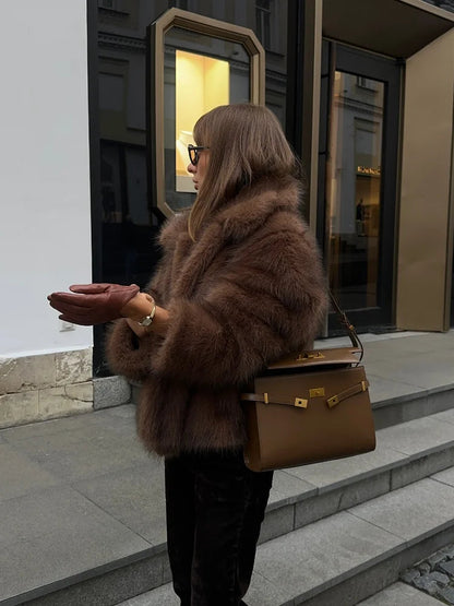 Mojoyce-2024 Winter Lapel Warm Faux Fur Coat Luxury Fluffy Plush Long Sleeve Thick Short Jackets New Fashion Lady High Street Outerwear