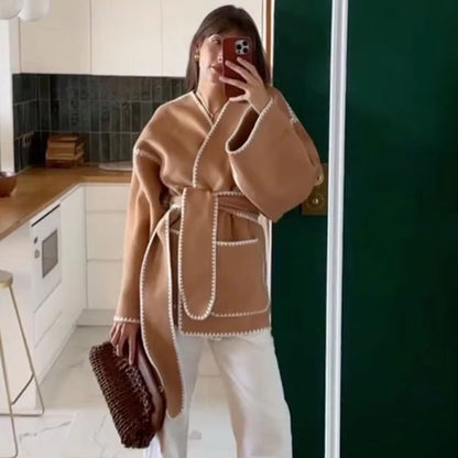 Mojoyce Lace Up Cardigan Coat Woman Long Sleeve V Neck Femme Jackets 2024 Autumn Fashion Slim Elegant Women's Tweed Jacket New