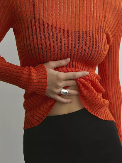 Mojoyce Ribbed Knit Long Sleeve Top Shirts For Women White See-through Knit Rib Top Tees Outfits Casual Spring Skinny Streetwear