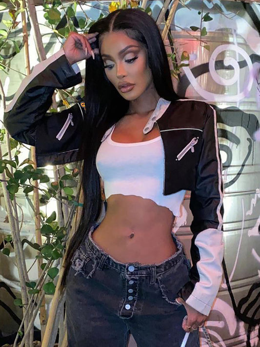Mojoyce PU Leather Jackets Coats Women 2022 Autumn Patchwork Long Sleeve High Street Cropped Jackets Casual Motorcycle Y2K Tops