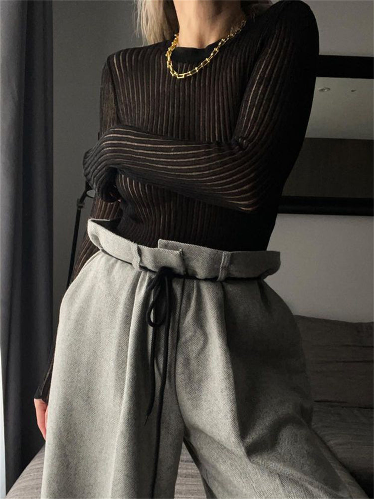 Mojoyce Ribbed Knit Long Sleeve Top Shirts For Women White See-through Knit Rib Top Tees Outfits Casual Spring Skinny Streetwear