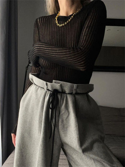 Mojoyce Ribbed Knit Long Sleeve Top Shirts For Women White See-through Knit Rib Top Tees Outfits Casual Spring Skinny Streetwear