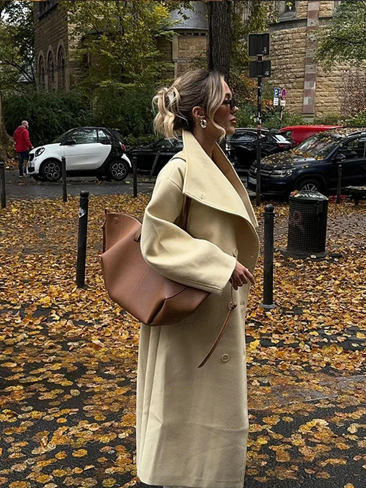 Mojoyce-Elegant Solid Lapel Woolen Full Sleeve Coats Fashion Long Double-breasted Coat 2024 New Autumn Winter Chic Lady High Street Wear