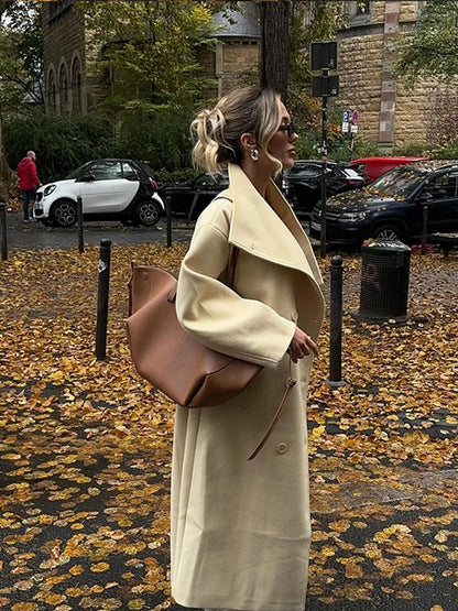 Mojoyce-Elegant Solid Lapel Woolen Full Sleeve Coats Fashion Long Double-breasted Coat 2024 New Autumn Winter Chic Lady High Street Wear