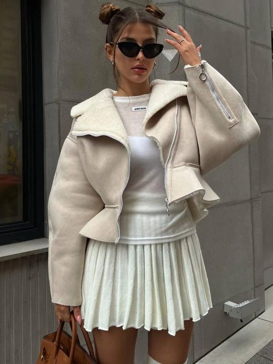Mojoyce Turn-down Slim Coats For Women 2023 Autumn Winter Fashion Long Sleeve Jackets Woman Street Casual Short Cardigan Femme
