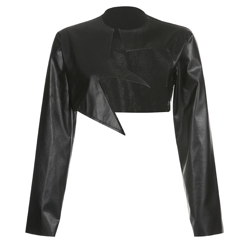Mojoyce PU Leather Jackets Coats Women 2022 Autumn Patchwork Long Sleeve High Street Cropped Jackets Casual Motorcycle Y2K Tops