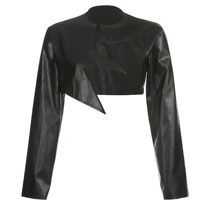 Mojoyce PU Leather Jackets Coats Women 2022 Autumn Patchwork Long Sleeve High Street Cropped Jackets Casual Motorcycle Y2K Tops